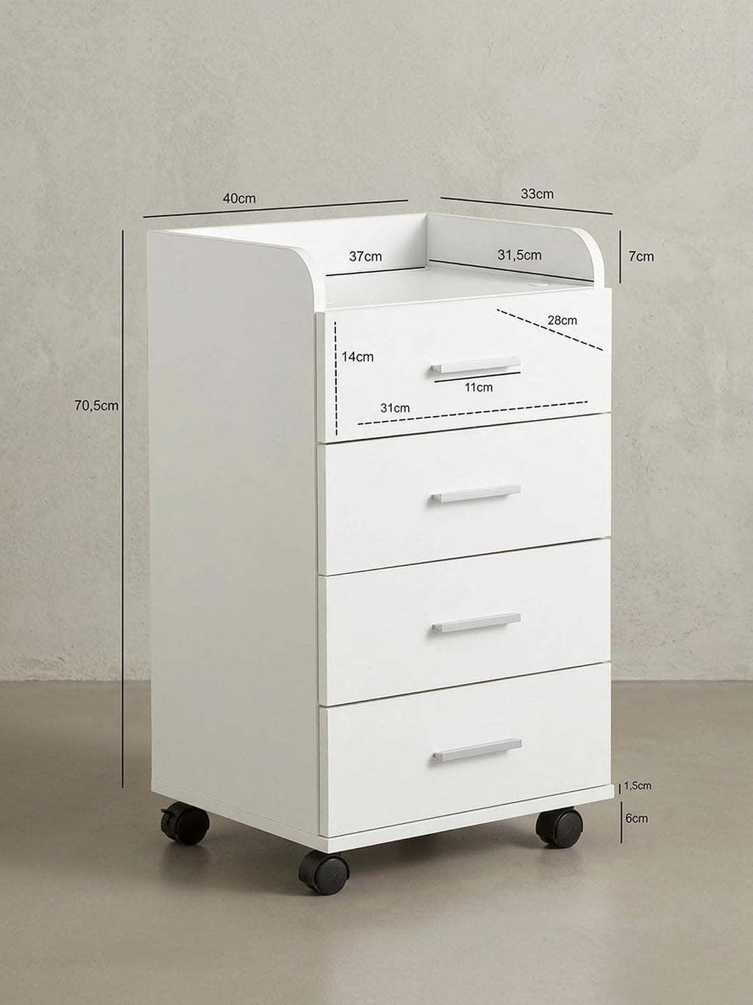 Rollcontainer WL5.748 40 x 70,5 x 33 cm Weiss | Schreibtisch-Container Rollschrank 4 Schubladen | Mo