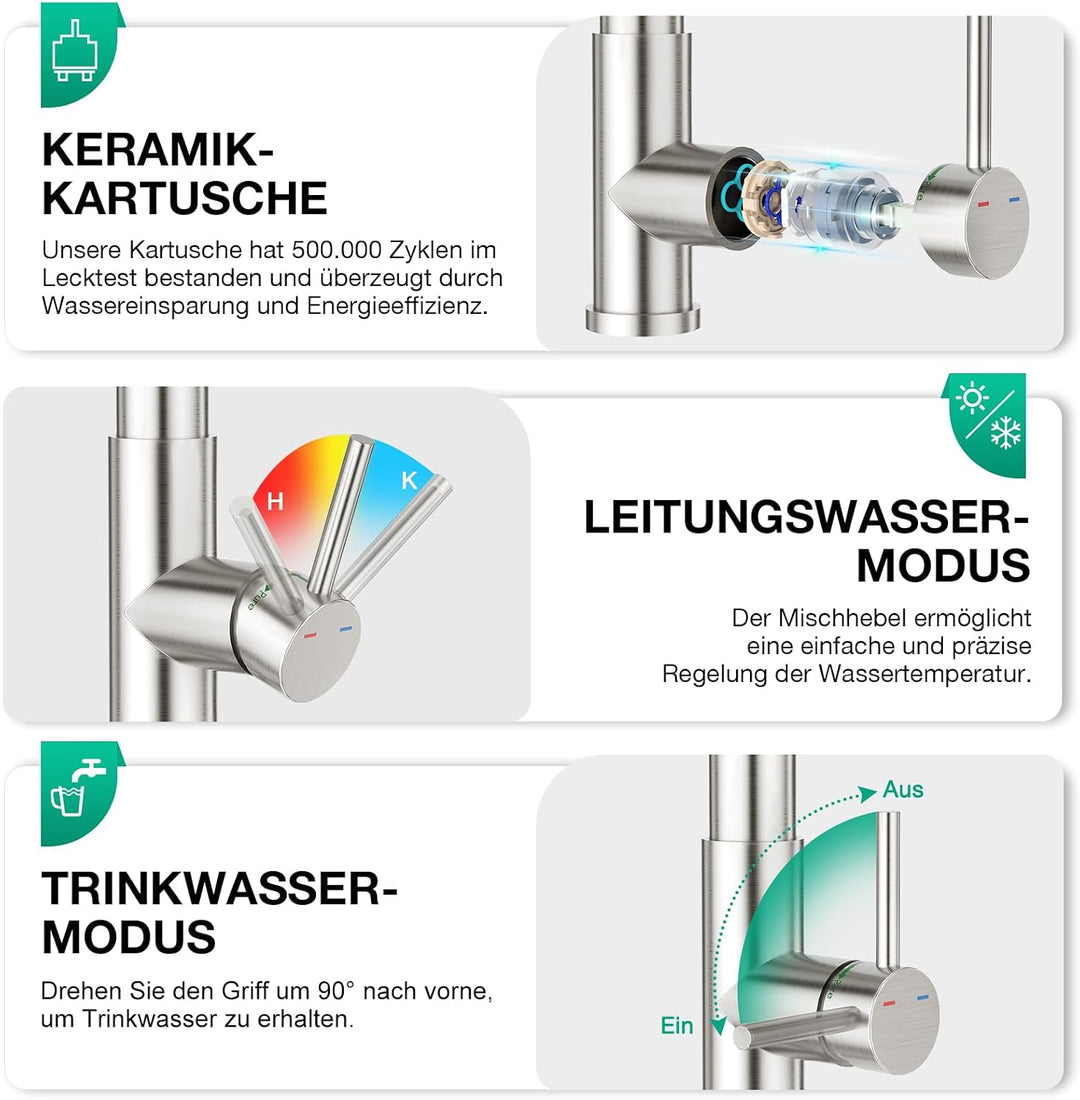 CREA 3 Wege Spiralfeder Küchenarmatur, Trinkwasserhahn Küche mit Brause ausziehbar, Wasserhahn Armat