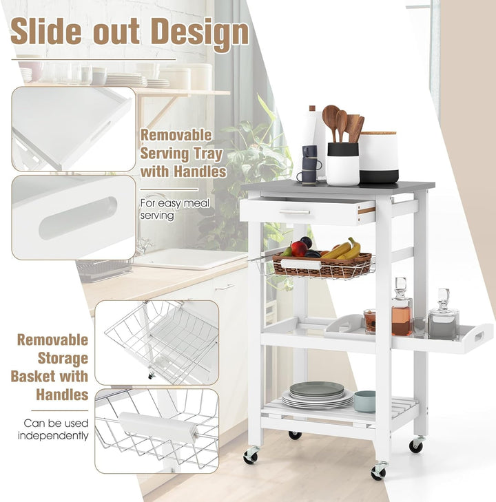 KOMFOTTEU Servierwagen mit Edelstahl Arbeitsplatte, Küchenwagen Klein, Rollwagen mit Schublade & Abl