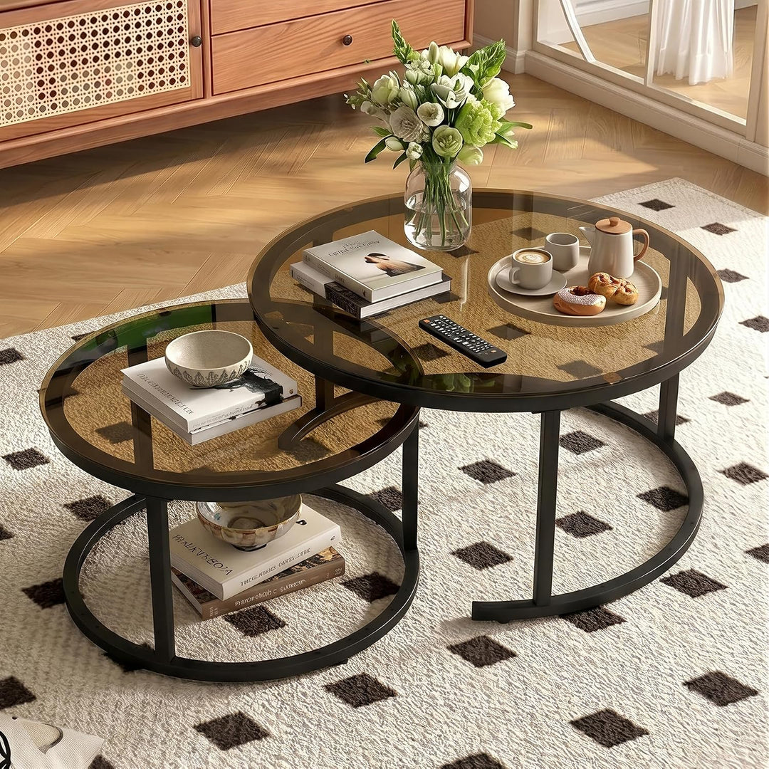 Hawthyhome 2 Stücke Beistelltisch Set rund, Moderne Kaffeetische, Couchtisch aus Glas mit Metallrahm