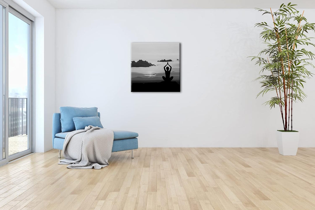 Yoga Meditation am Meer Effekt: Schwarz&amp;Weiss Format: 70x70 als Leinwandbild, Motiv fertig gerahmt a