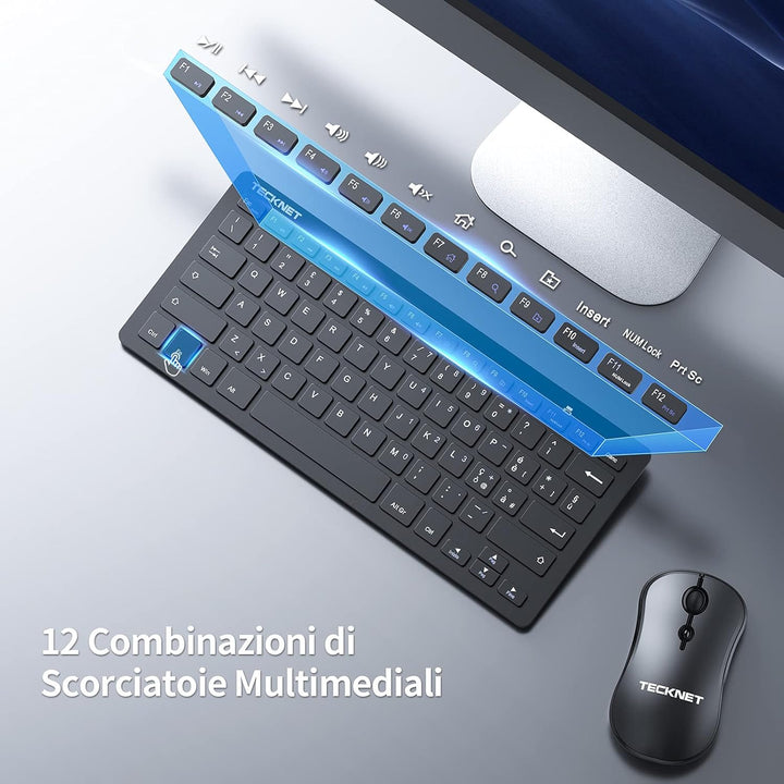 TECKNET Kabellose Tastatur und Maus-Set, 2,4 GHz, italienisches QWERTY-Layout, Slim Full-Size, Kombi