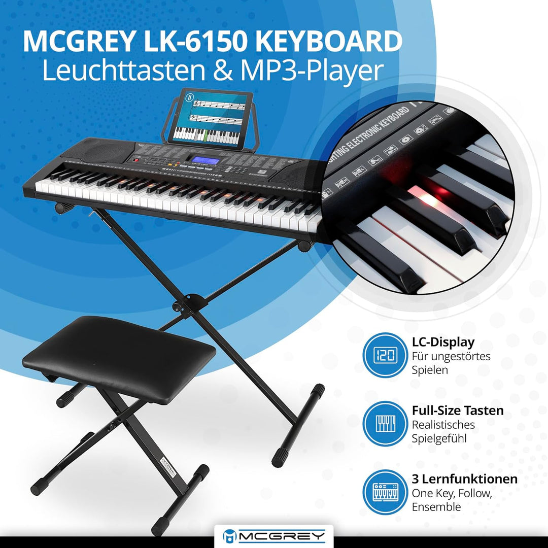 McGrey LK-6150 61 Tasten Keyboard Set - Einsteiger-Keyboard mit 61 Leuchttasten - 255 Sounds und 255