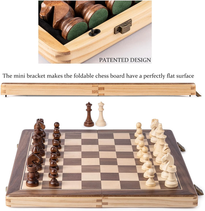 A&A 15 inch Wooden Folding Chess & Checkers Set w/ 3 inch King Height Staunton Chess Pieces / 2 Extr