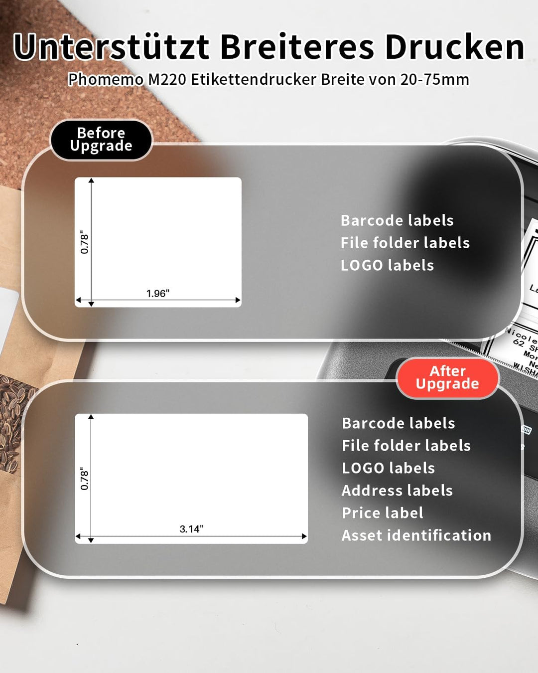 Phomemo M220 Etikettendrucker, Grauer Bluetooth Thermo-Etikettendrucker für Barcode, Adresse, Etiket