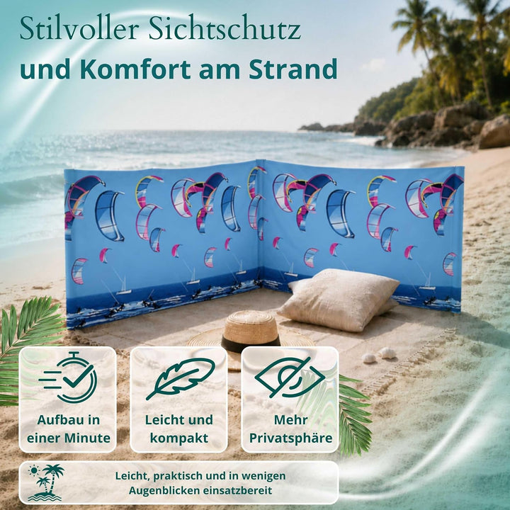Strandparavent Mikrofaser | Windschutz 80cm | Kitesurfing 16m | Für Familie &amp; Strand | UV-Schutz | S
