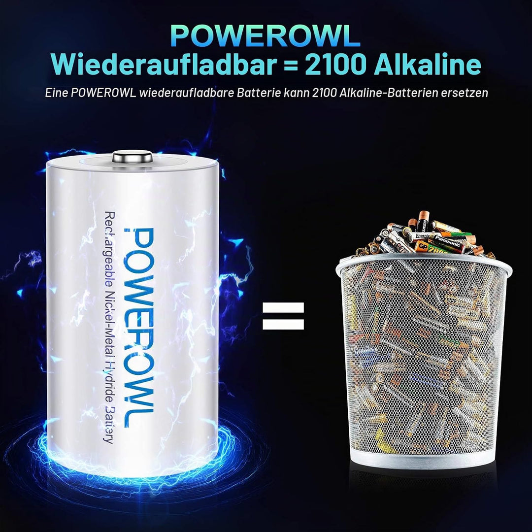 POWEROWL D Akku Mono 1.2V 10000mAh Wiederaufladbar D Batterien mit Geringer Selbstentladung & Vorgel