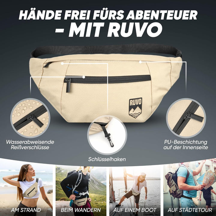 RUVO® Bauchtasche Herren und Damen | stylische Gürteltasche für maximalen Stauraum | 4 Fächer jeweil