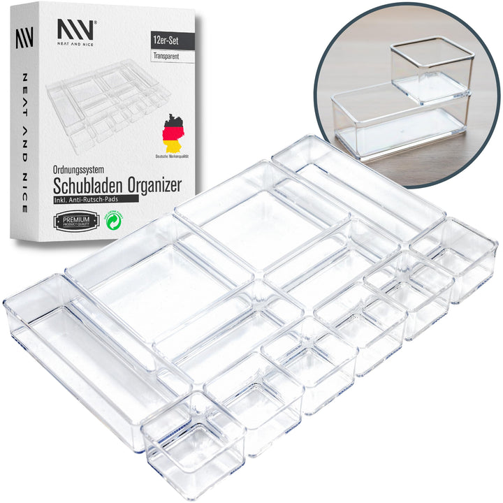 NEAT AND NICE - 12 teilig transparent Schubladen Organizer inkl. Antirutsch-Pads in 4 versch. Grösse