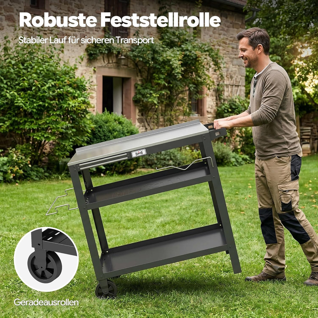 Feasto 3 Etagen Grillwagen mit Edelstahlplatte, Mobile Grilltisch mit Gewürzregal & Magnetleiste, Ou