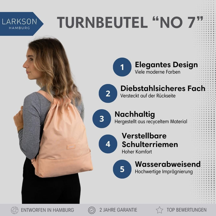 LARKSON Turnbeutel Damen &amp; Herren Orange - No 7 - Rucksack Damen für Sport und Festival - Beutel Ruc