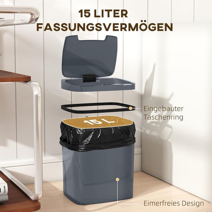 HOMCOM Sensor Mülleimer 15L Automatischer Mülleimer mit zwei Öffnungsmodi, Abfalleimer Müllbehälter