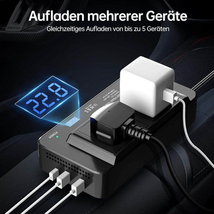 200W Wechselrichter 12V auf 230V Auto Spannungswandler, Stromwandler mit 2 Auto Steckdose/Type-C & 2