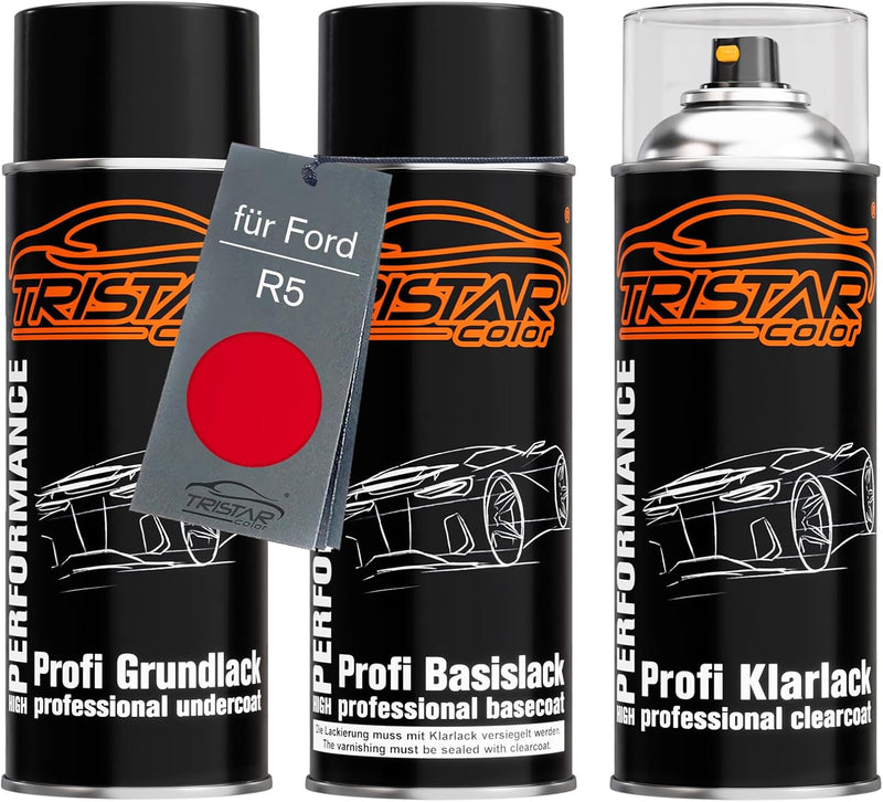 Autolack Spraydosen Set für Ford R5 Radiant Red Grundlack Basislack Klarlack Sprühdose 400ml