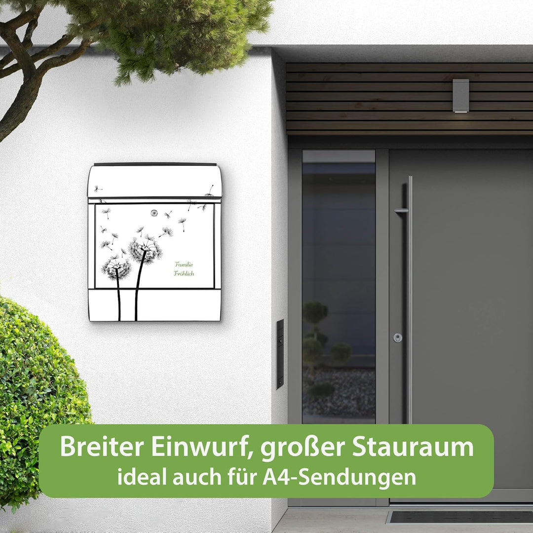 banjado® Design Briefkasten personalisiert mit Motiv Pusteblume 2 39x47x14cm & 2 Schlüssel - Briefka