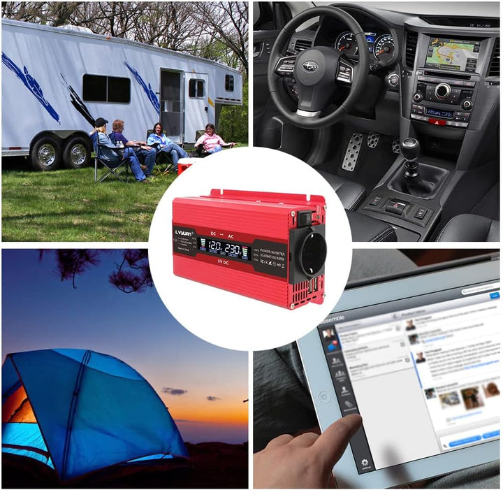LVYUAN Wechselrichter 12V 230V 1500W Spannungswandler Stromumwandler Inverter mit 2 USB LCD EU Steck