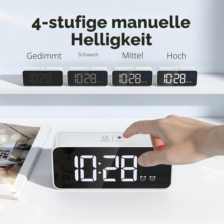 Wecker Digital, LED Digitaluhr mit Temperaturanzeige Tragbarer Spiegelalarm Tischuhr mit 2 Alarmen 1
