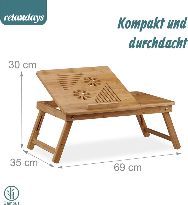 Relaxdays, Natur Höhenverstellbarer Laptoptisch fürs Bett, Bambus Notebooktisch m. Schublade, HxBxT: