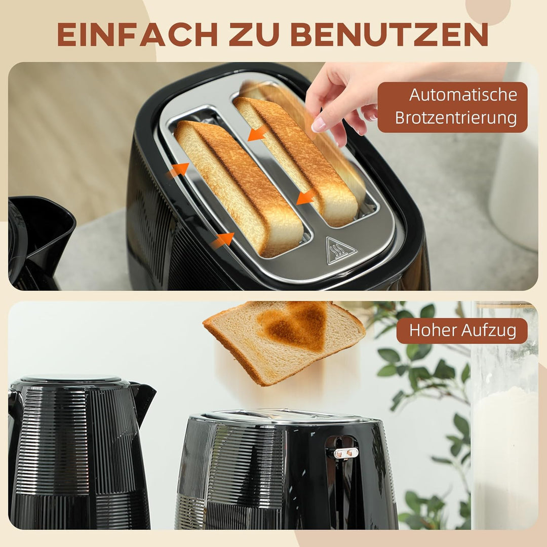 HOMCOM Wasserkocher Toaster Set 2200 W 1,7 Liter Wasserkocher Doppelschlitz Toaster Frühstücksset mi