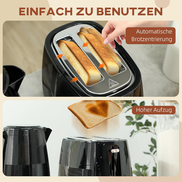 HOMCOM Wasserkocher Toaster Set 2200 W 1,7 Liter Wasserkocher Doppelschlitz Toaster Frühstücksset mi