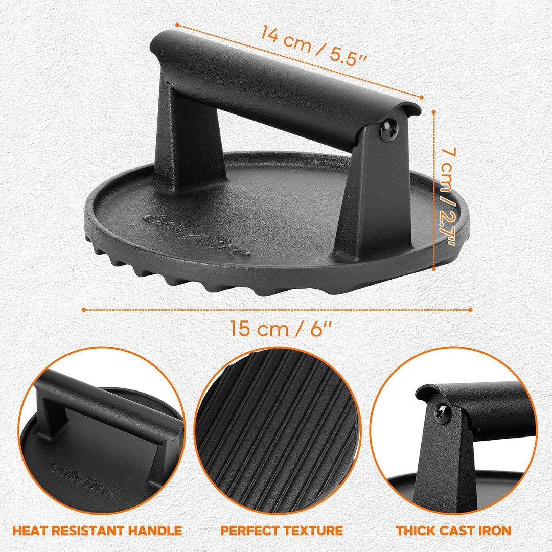 onlyfire Gusseisen Smash Burger Set 3-teilig, Burger Smasher &amp; 2X Schmelzhaube 18cm, Profi Burgerpre