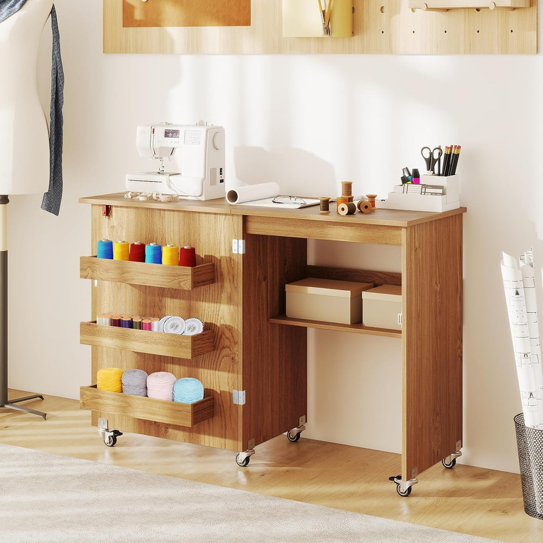 LIFEZEAL Nähmaschinenschrank klappbar, Nähschrank 2 in 1, Schreibtisch Holz mit Haken, Ablage &amp; Roll