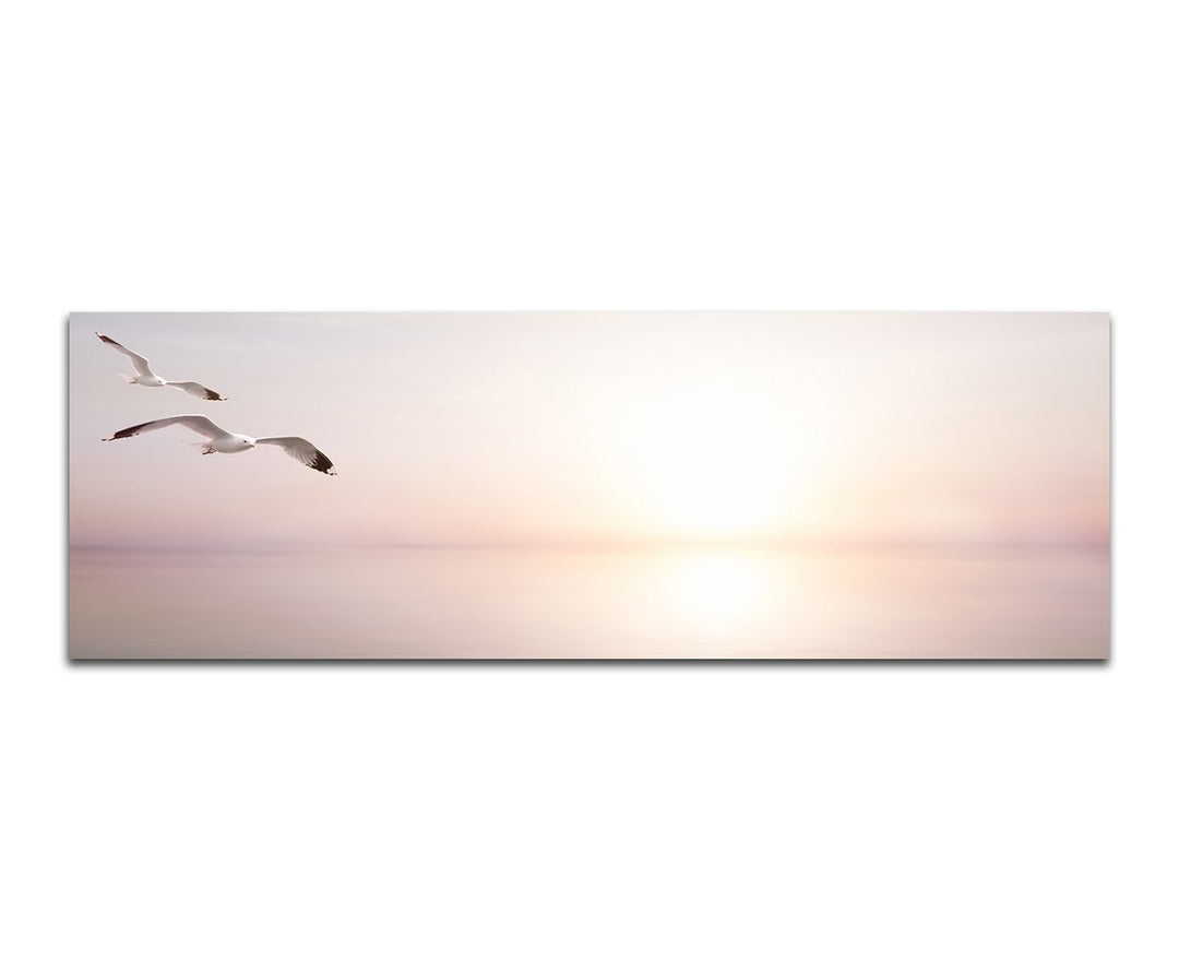 Paul Sinus Art Panoramabild auf Leinwand und Keilrahmen 150x50cm Meer Sonnenlicht Möwen abstrakt