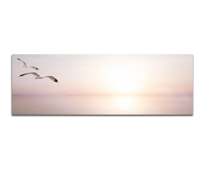 Paul Sinus Art Panoramabild auf Leinwand und Keilrahmen 150x50cm Meer Sonnenlicht Möwen abstrakt