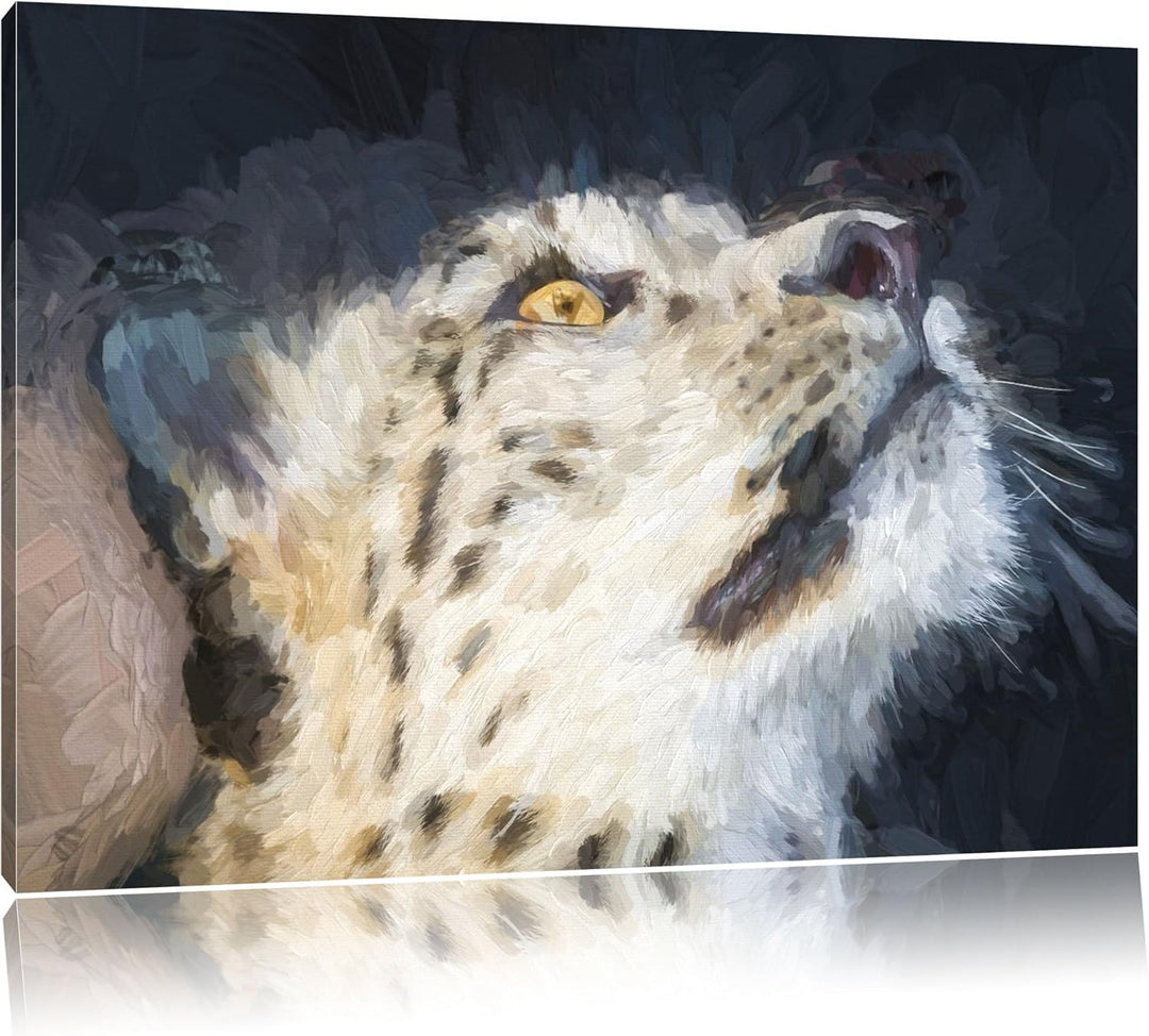 aufschauender Schneeleopard Deluxe Format: 100x70 cm auf Leinwand, XXL riesige Bilder fertig gerahmt