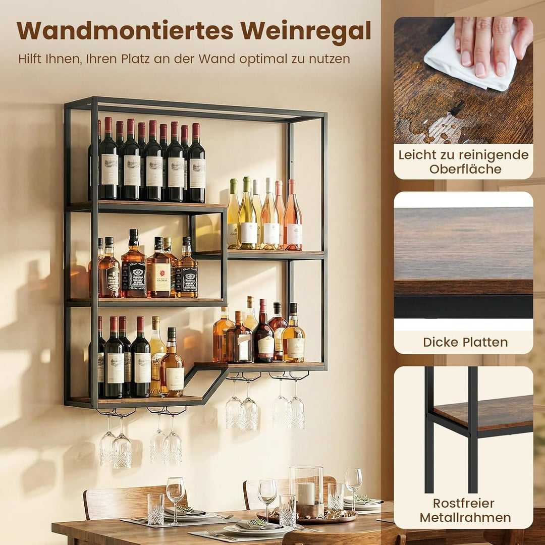 COSTWAY Weinregal Wand, Bar Regal mit 6 Regalböden & 4 Glashalter, Flashenregal Metall, Weinflaschen