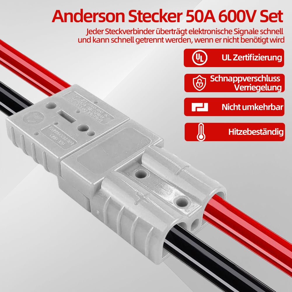 12 Stück Anderson Stecker 50A 600V, Batterie Schnelltrennstecker, Hochstromstecker 50A für Auto, Woh