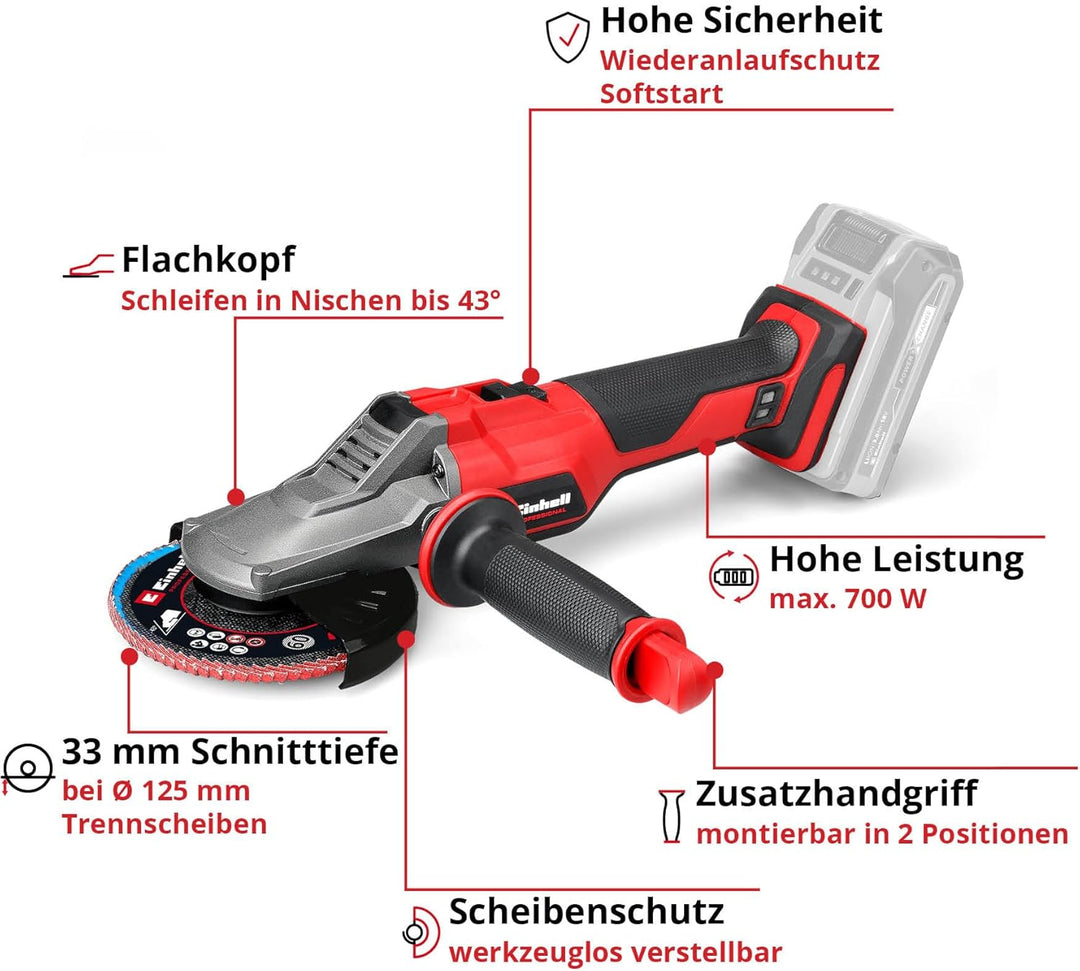 Einhell Professional Akku-Flachkopf-Winkelschleifer TP-AG 18/125 F Li BL Power X-Change (18 V, 700 W