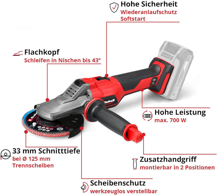 Einhell Professional Akku-Flachkopf-Winkelschleifer TP-AG 18/125 F Li BL Power X-Change (18 V, 700 W