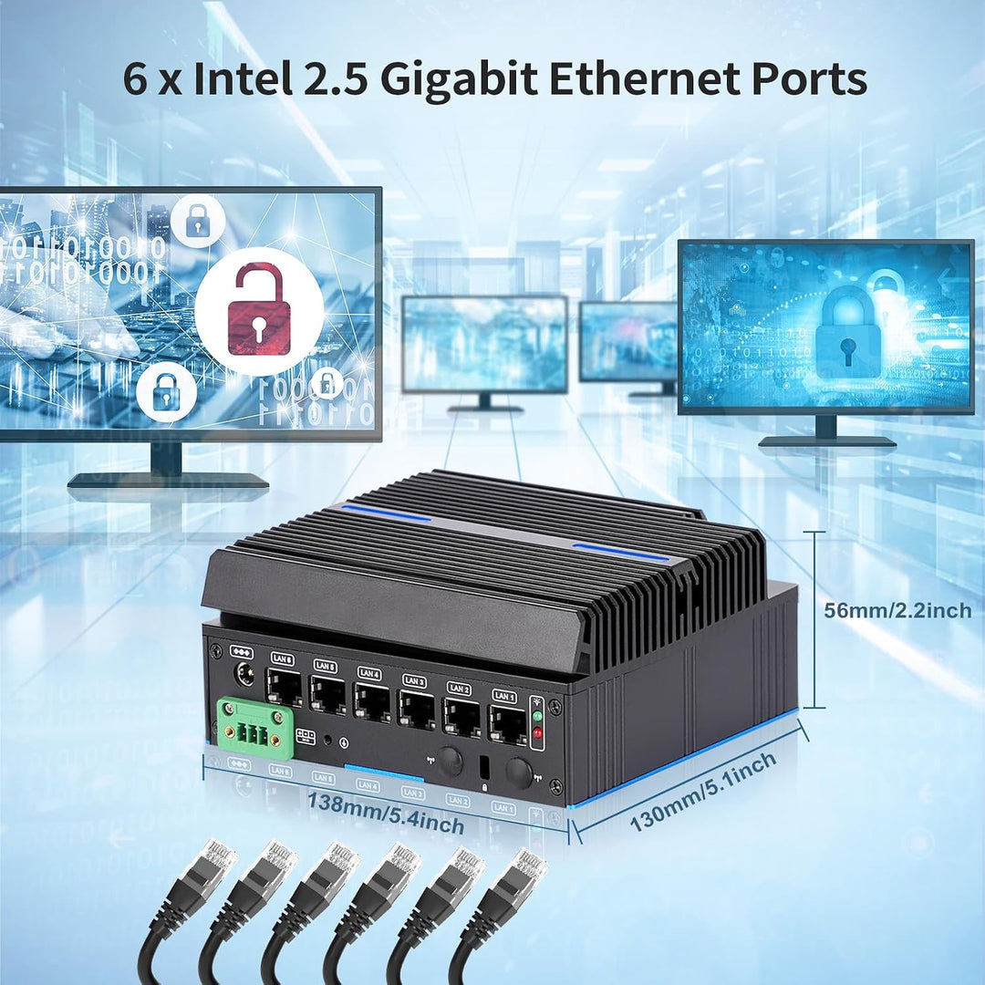 Lüfterloser Firewall-Mini-PC 6 x Intel LAN Ethernet (bis zu 2,5 GbE) Intel CORE 6006U, 8 GB DDR4 128