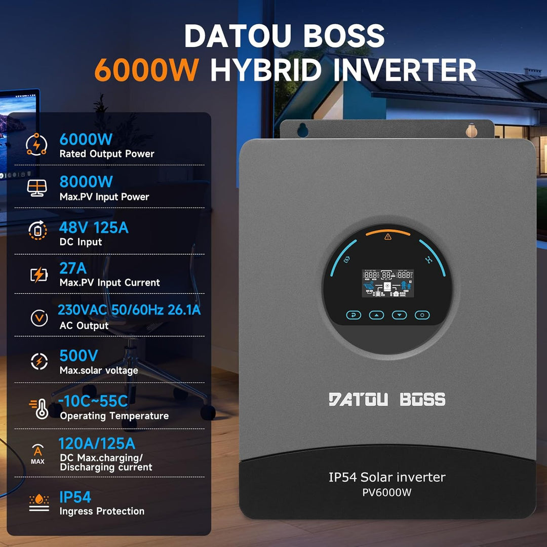 DATOUBOSS 6000W Hybrid Solar Wechselrichter 48V, Reiner Sinus Inverter mit 120A MPPT, IP54 Staub- &