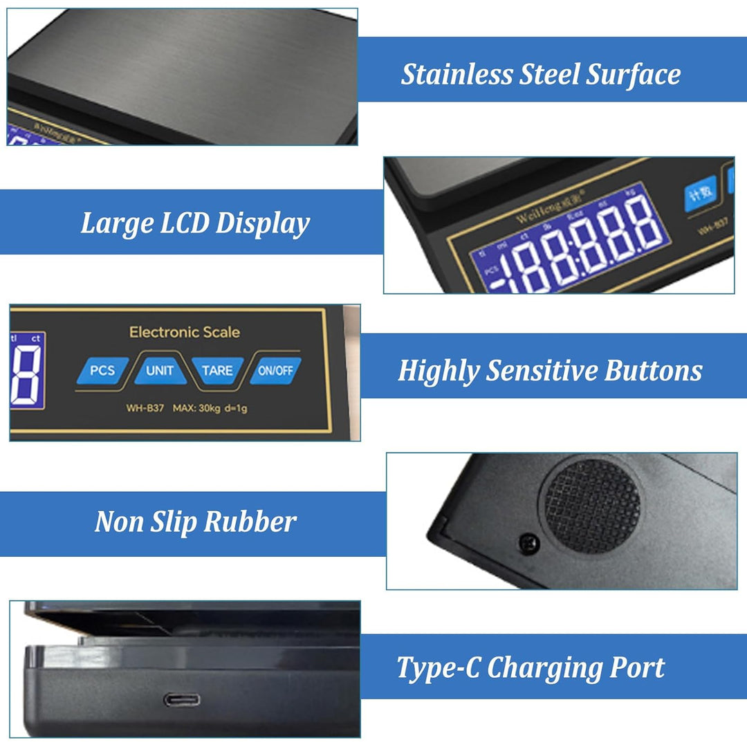Waage Küchenwaage, Edelstahl Digitalwaage 30kg/66lb mit 9 Masseinheit, PCS Zähl, Auto Shutdown, Tara