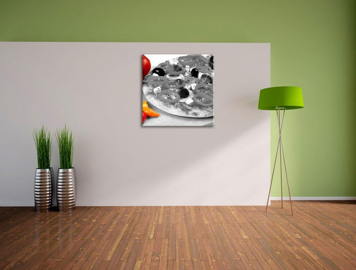 Frische Pizza mit Oliven,Format: 70x70 als Leinwandbild, tolle Bilder fertig auf Holzrahmen gespannt