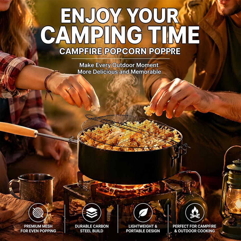 DASIAUTOEM Popcorn Maker Lagerfeuer aus Kohlenstoffstahl, Antihaft Outdoor Popcorn-Pfanne, Manuelle