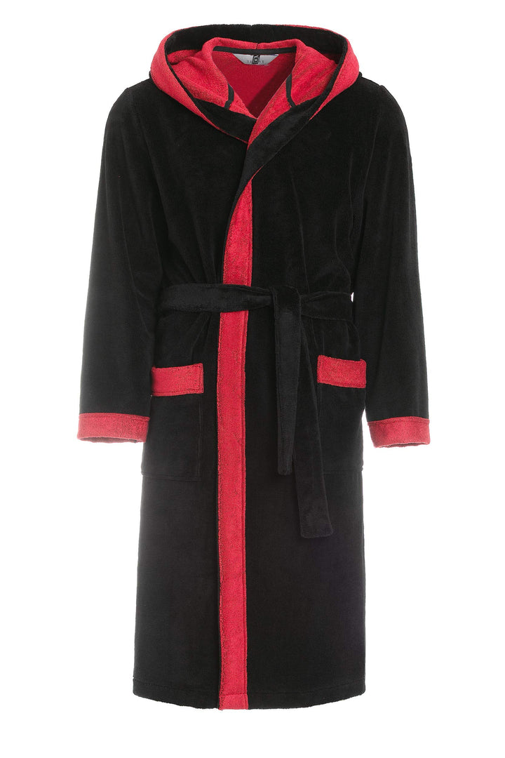 REVISE Herren Bademantel RE-855 - mit Bambus faser - mit Kapuze - Saunamantel S Schwarz mit Rot, S S