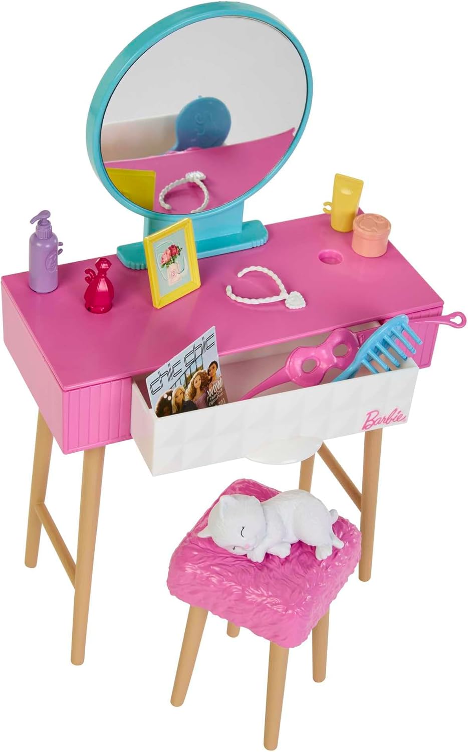 BARBIE Schlafzimmer-Spielset - Puppe, Bett, Schminktisch, Kätzchen und 20 Zubehörteile kreatives Spi