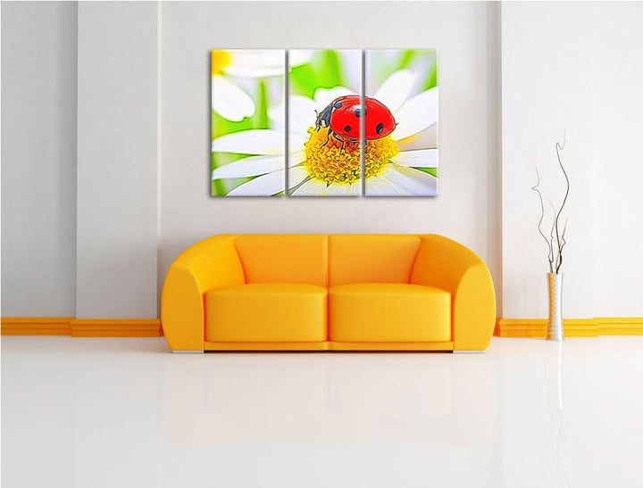 Marienkäfer auf Gänseblümchen Spezial 3-Teiler Leinwandbild 120x80 Bild auf Leinwand, XXL riesige Bi