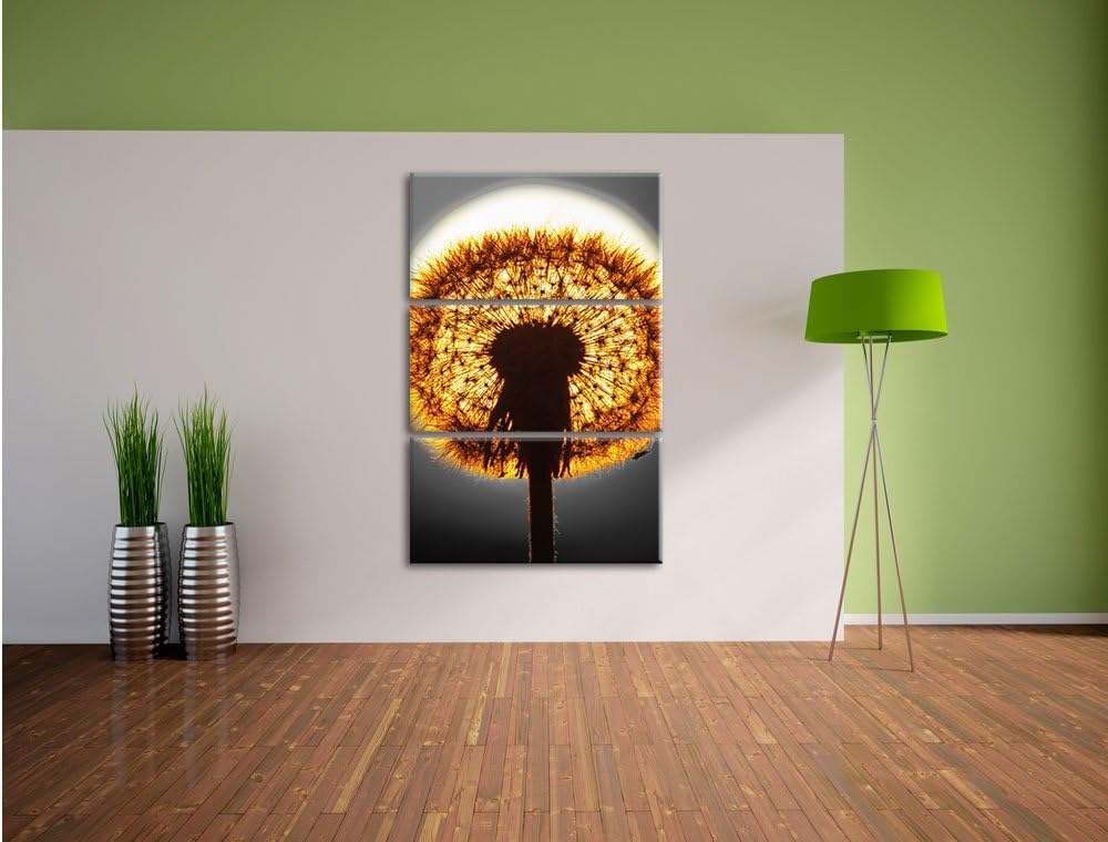 Pixxprint Pusteblume vor untergehender Sonne schwarz/weiss 3-Teiler Leinwandbild 120x80 Bild auf Lei