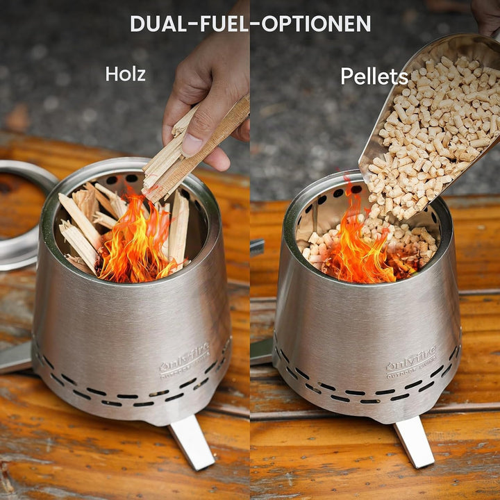 Onlyfire Edelstahl Tischfeuer mit Topfhalter und Tragetasche, Raucharmer Mini Tischkamin für Pellets