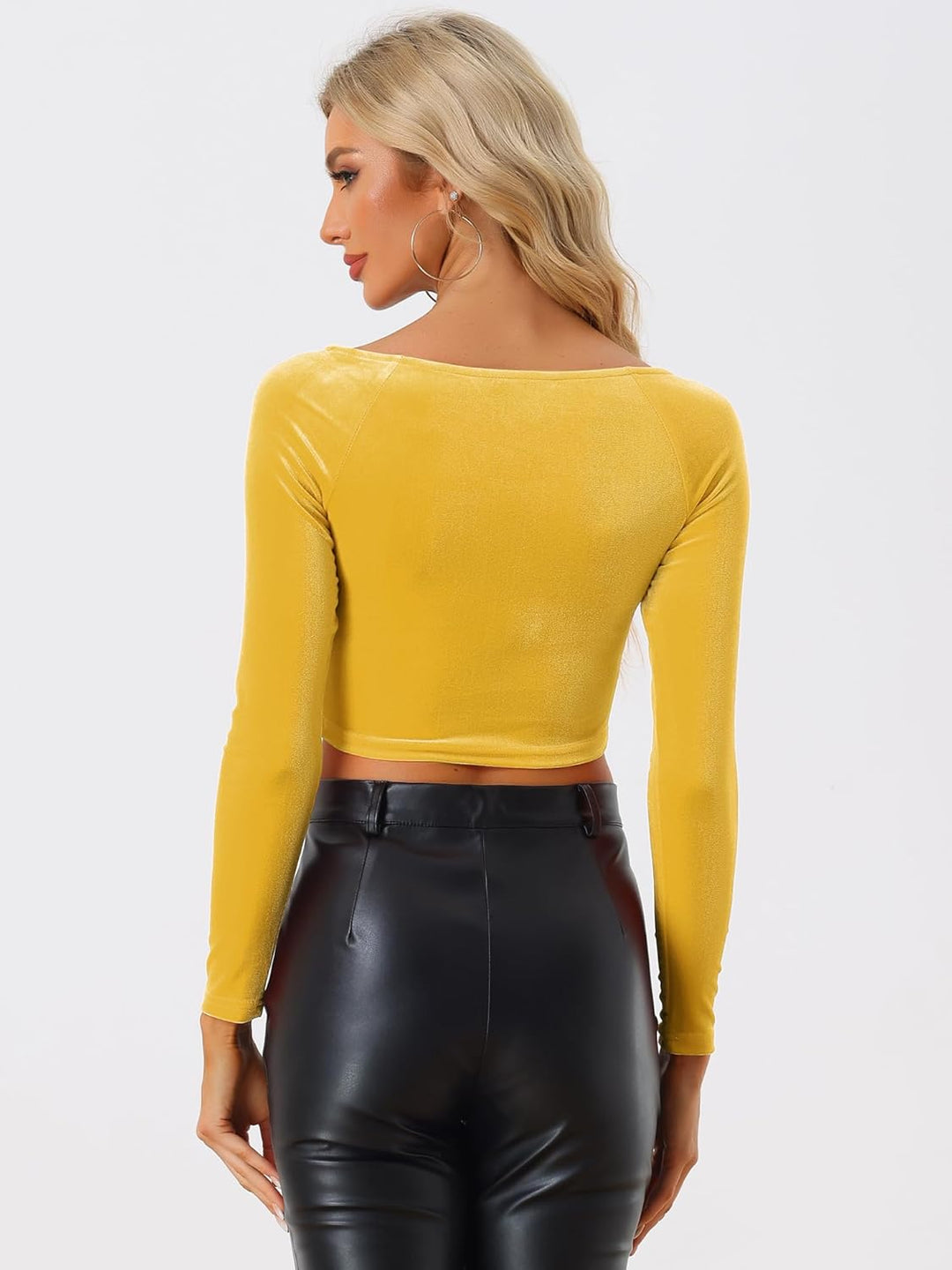 Allegra K Damen Velvet Crop Top Langarm Party Samt Bauchfrei Oberteil Top Bluse S Gelb, S Gelb