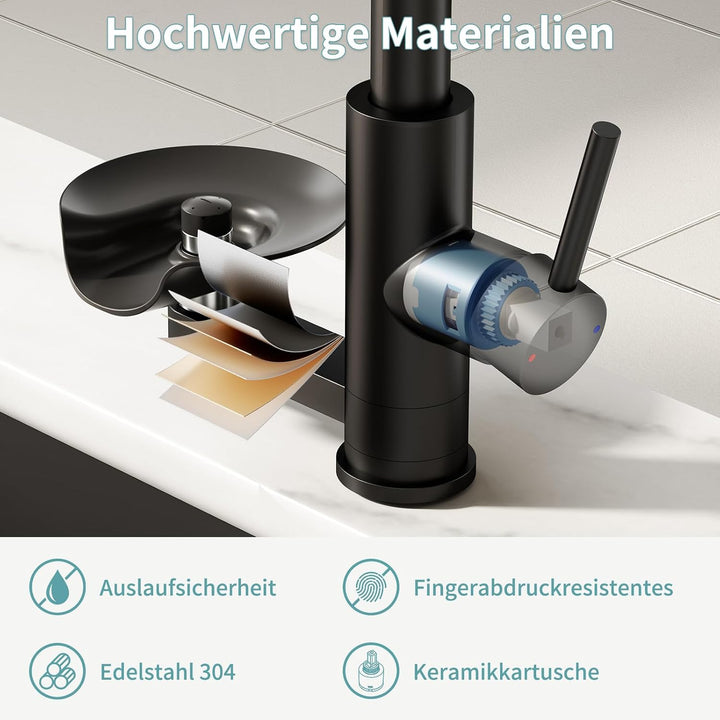 360° drehbarer Wasserhahn Küche ausziehbar mit Brause, wasserfall Mischbatterie Küche mit Gläserspül