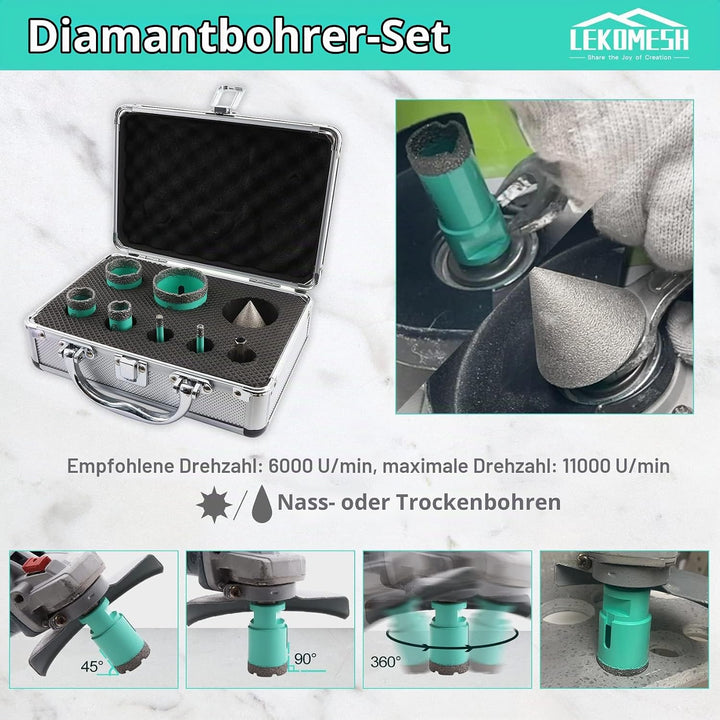 Diamant Bohrkrone Kit - 8pcs (6/6/20/25/35/50mm+50mm Diamant Fasenfräser+Adapter) LEKOMESH Diamant L