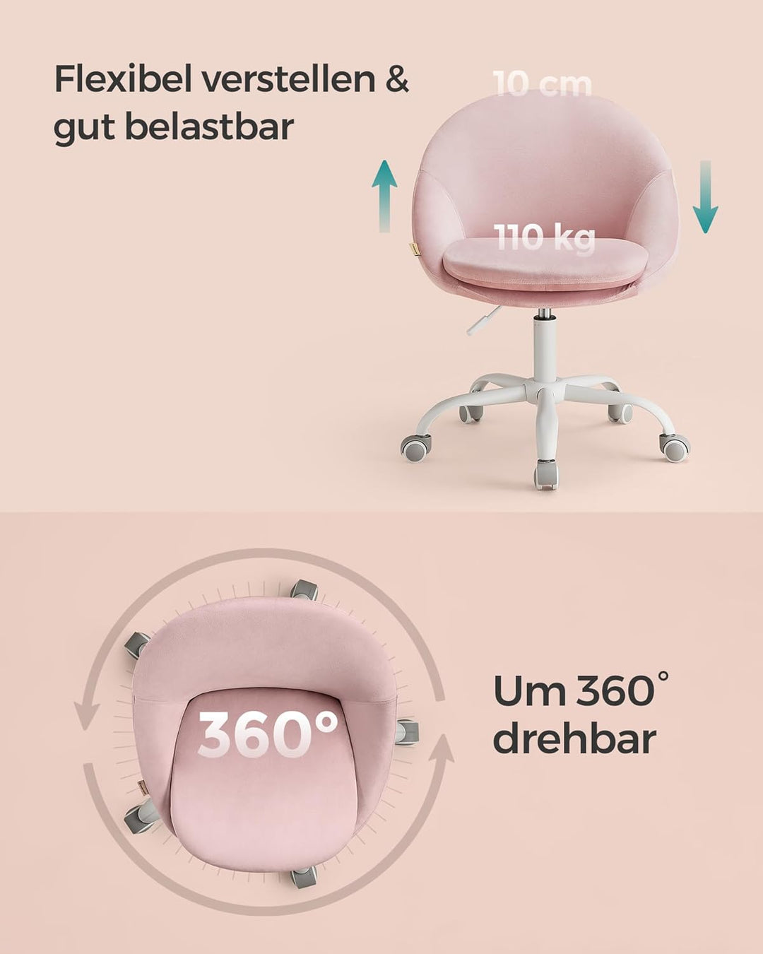 SONGMICS Homeoffice Stuhl, Drehstuhl aus Samt, Schreibtischstuhl, Schaumstoffpolsterung, höhenverste