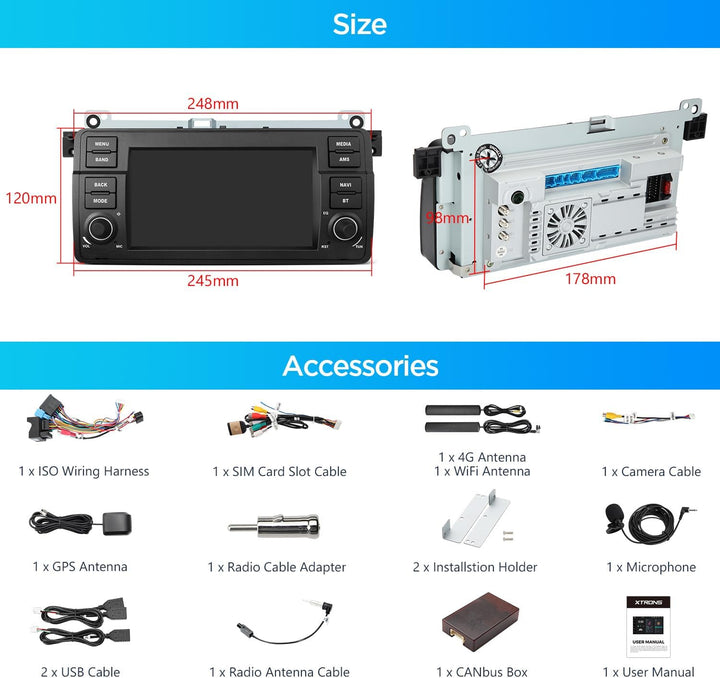 XTRONS 7 Zoll IPS Android 14 Autoradio mit Navi Octa Core 4+64GB für BMW E46 Rover ZT Eingebautes 4G