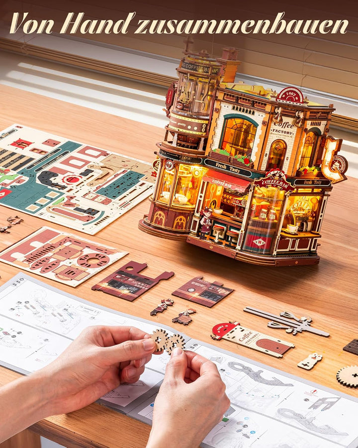 ROKR Dream Coffee Factory EAB02 DIY Miniatur Puppenhaus Spieluhr für Erwachsene, Mechanisches Kaffee