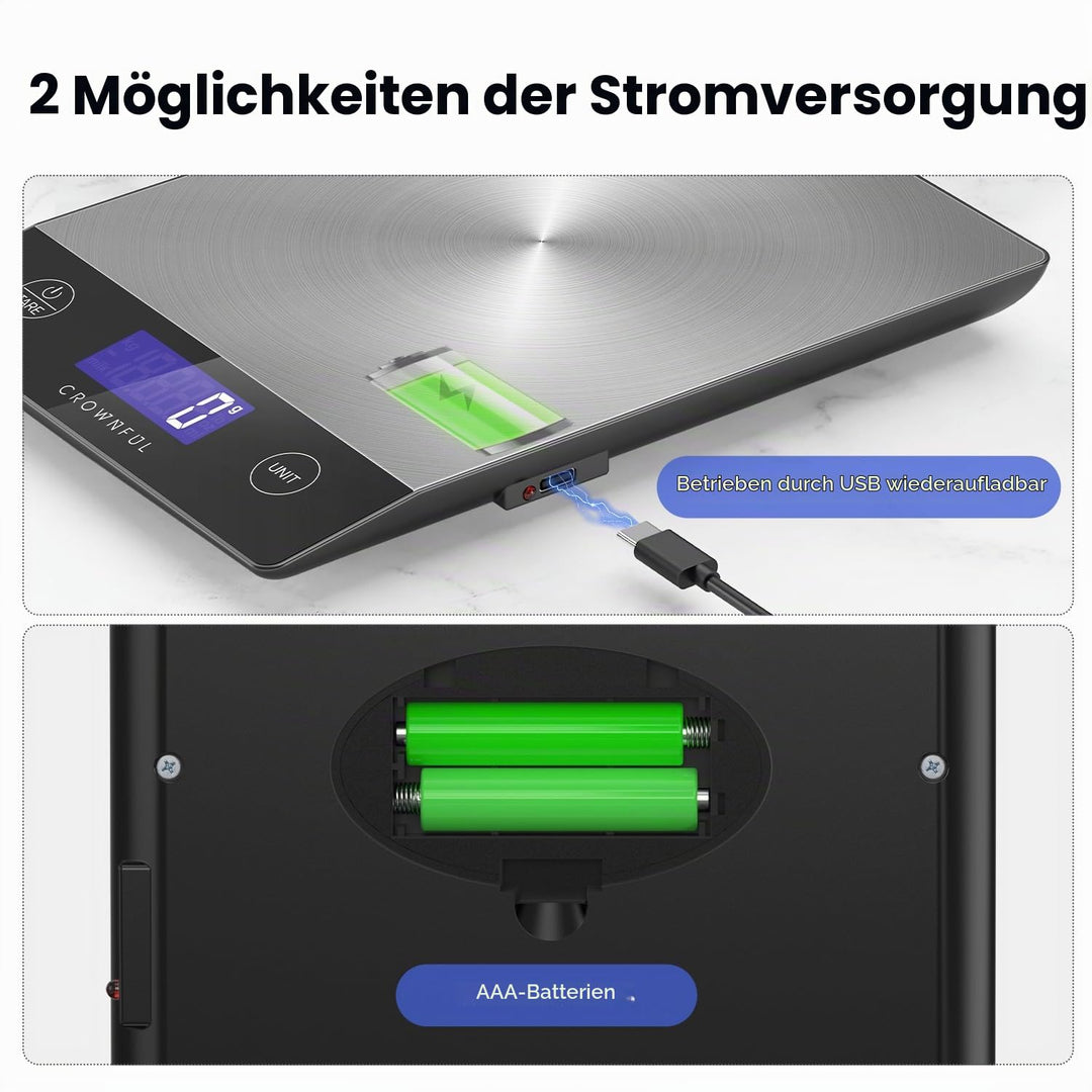 CROWNFUL Wiederaufladbare Lebensmittel-Küchenwaage, 33-Pfund-Digitalwaage, Food Scale zum Backen und